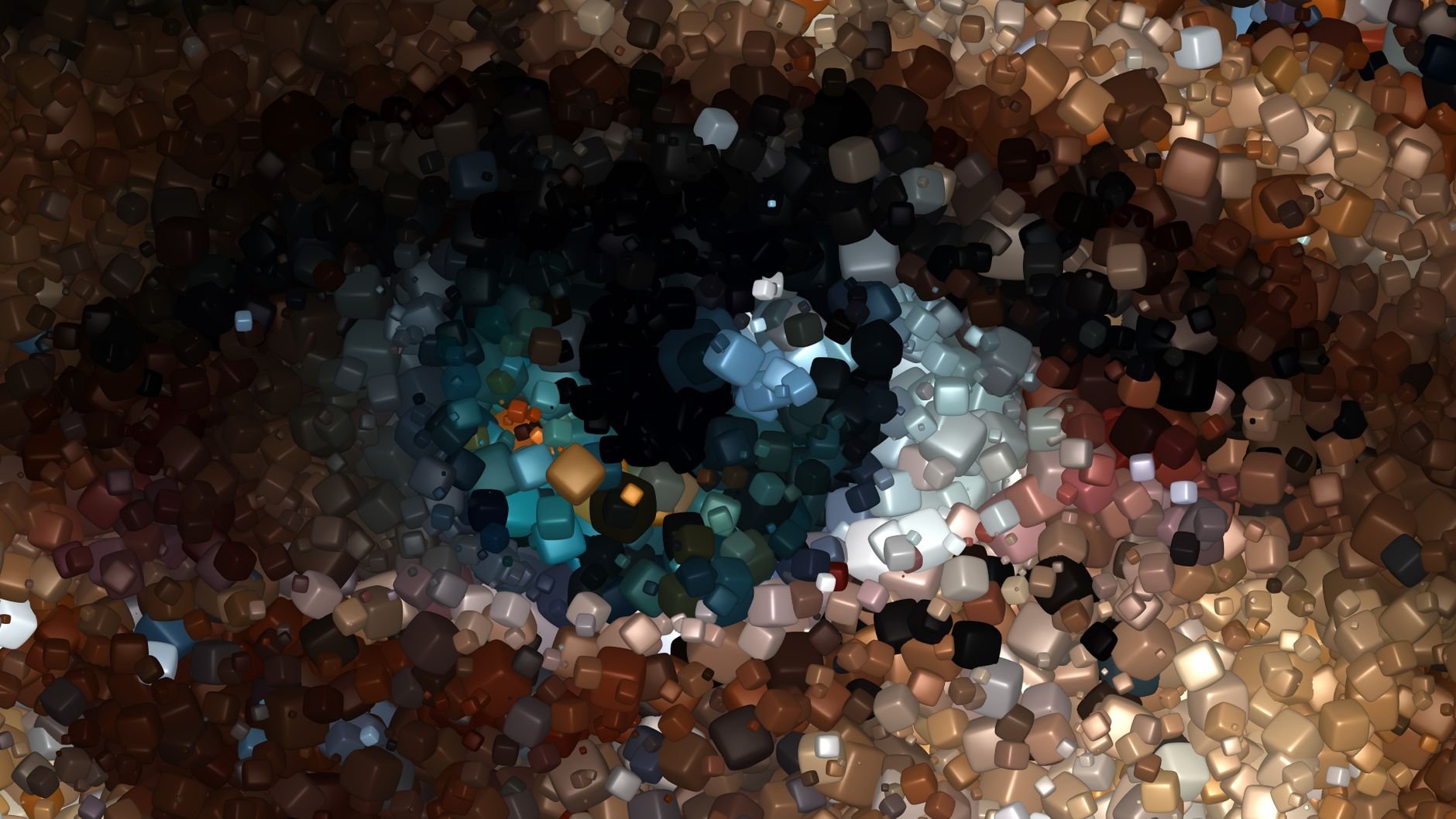 Abstract artistic depiction of a colorful eye pattern using a mosaic of cubes in various vibrant colors